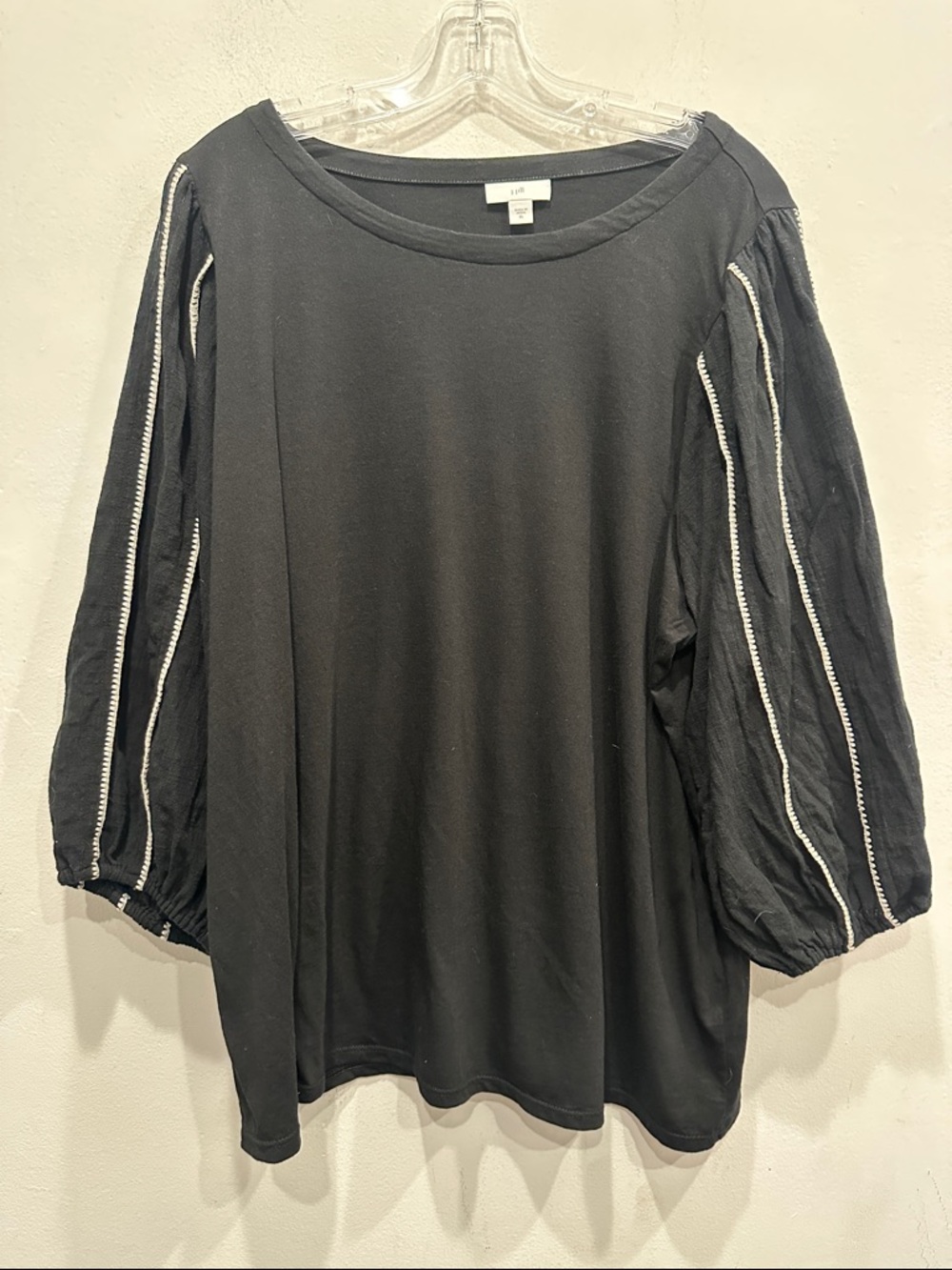 J. Jill Black Tunic Top blouse balloon sleeves black white XL boho festival